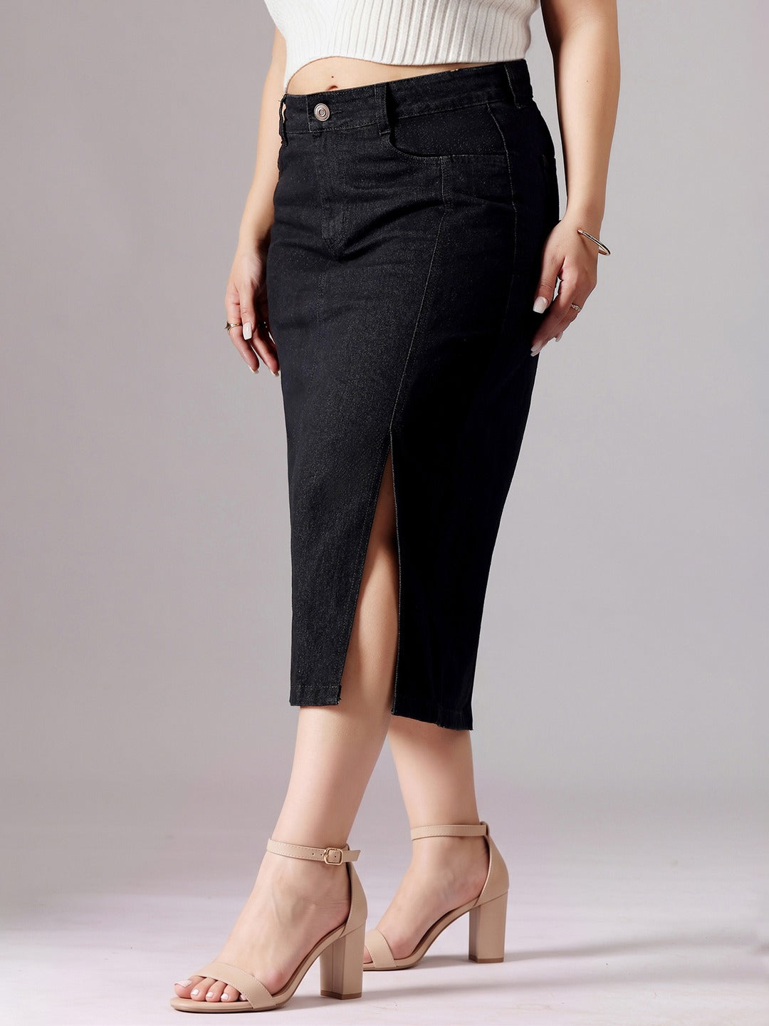 Black Straight-Fit High-Rise Stretchable Denim Midi Skirt for Women