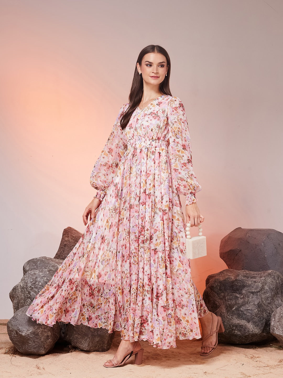 Pink V-Neck Smocked Bishop Sleeve Floral Gathered Chiffon Maxi Dress for Women
