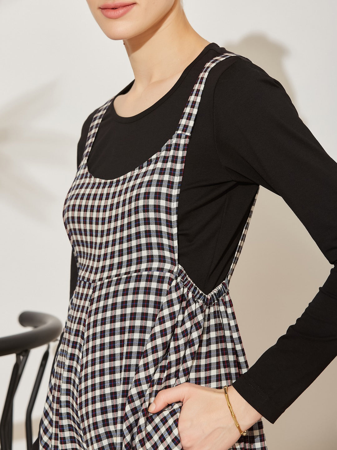 Black Round Neck Full Sleeve Checkered Harem Dungaree Regular Viscose Rayon Dungaree Co-Ord Set for Women