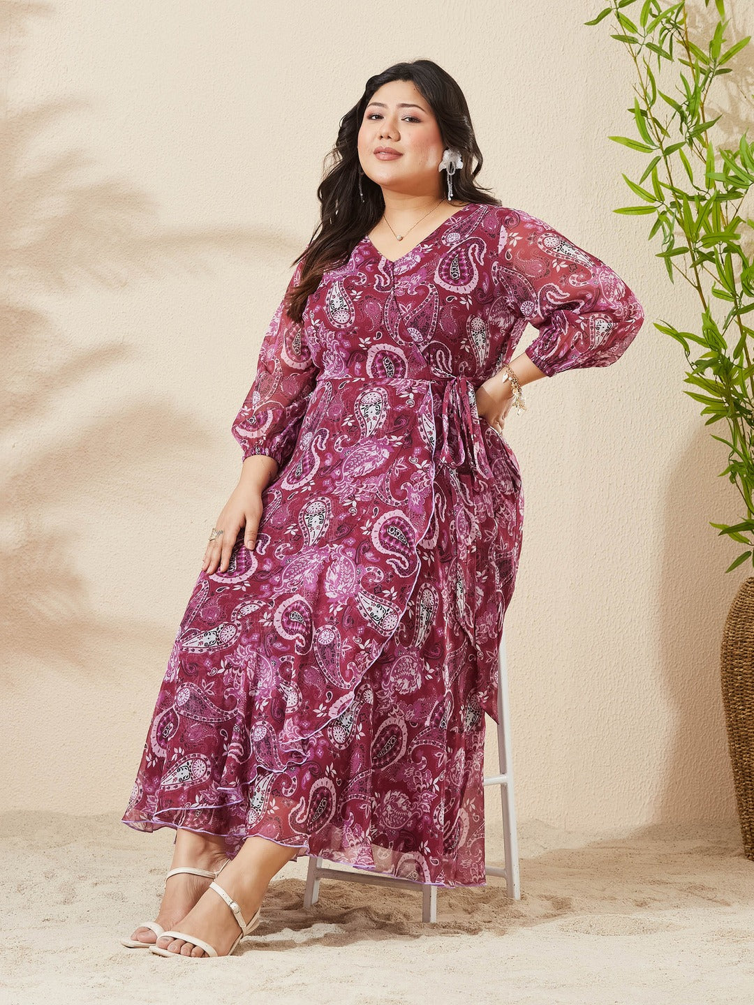 Wine Floral V-Neck 3/4 Sleeve Wrap Midi Chiffon Dress for Women