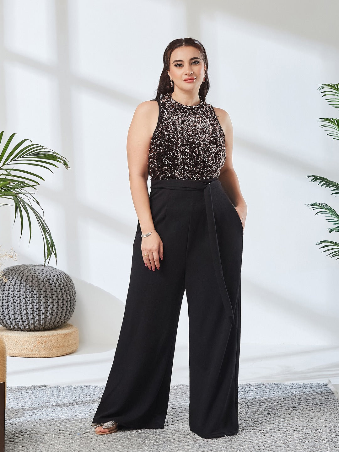 Black & Lavender Embellished Regular Jumpsuit for Women