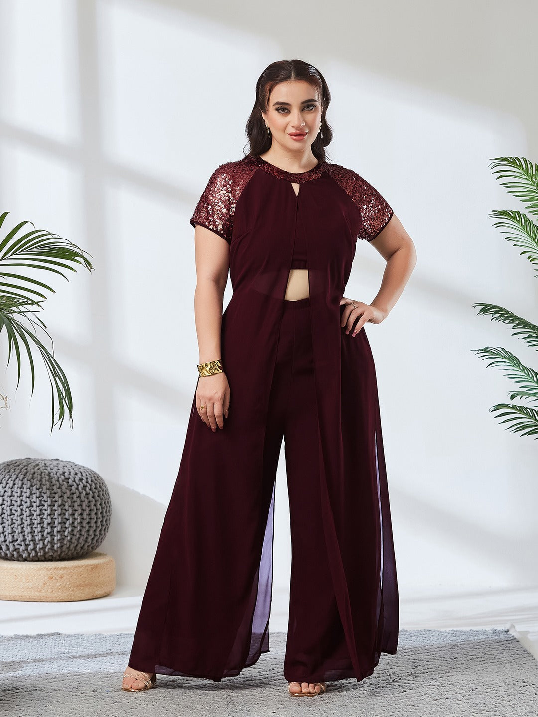 Wine Solid Regular Length Round Neck Raglan Short Sleeves Sequin Panel Layered Embellished Jumpsuit for Women