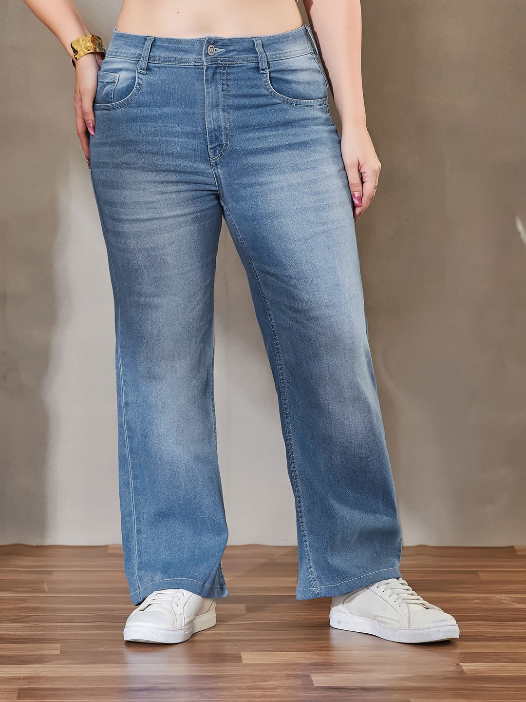Blue Wide-Leg High-Rise Stretchable Denim Jeans for Women
