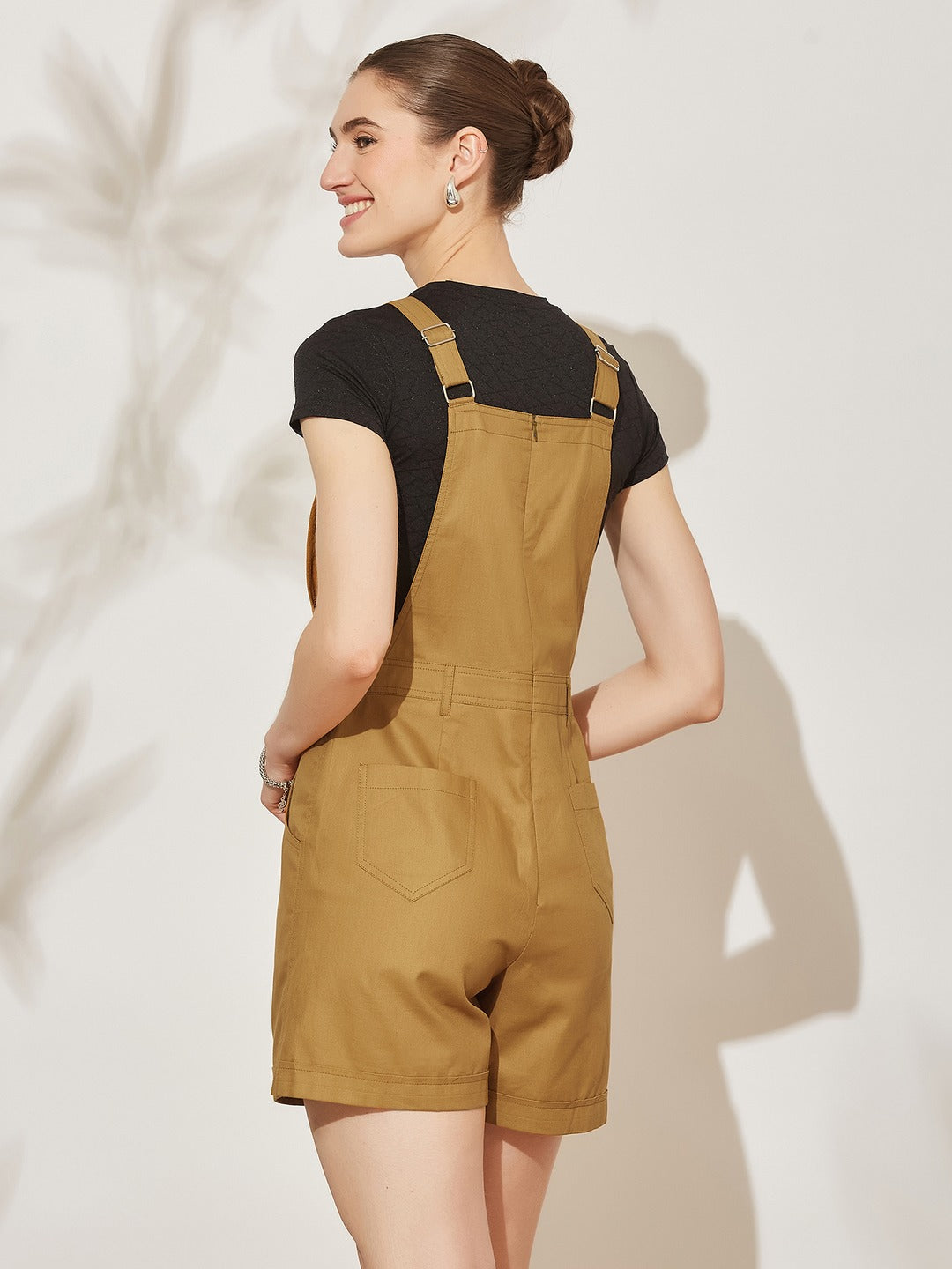 Beige Square Neck Sleeveless Solid Dugaree Mini Cotton Dungaree for Women