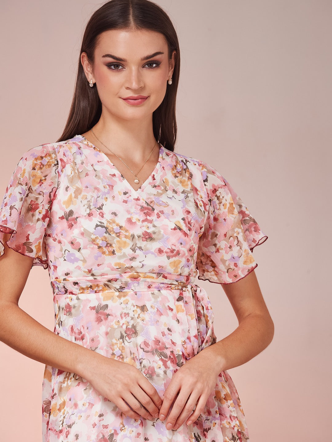 Pink V-Neck Flared Sleeve Floral Wrap Chiffon Maxi Dress for Women