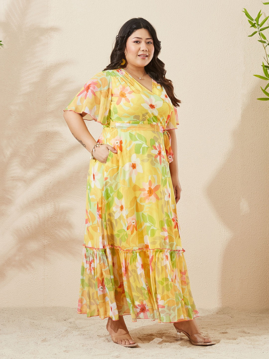 Butter Yellow Floral V-Neck Flutter Sleeve Bohemian Wrap Chiffon Maxi Dress for Women