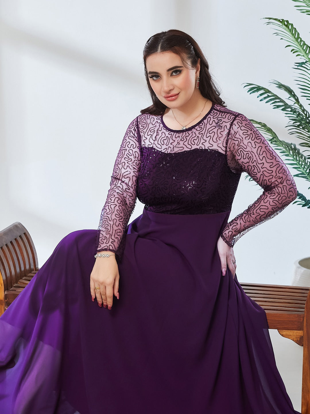 Dark Purple Solid Embellished Maxi Dress for Women