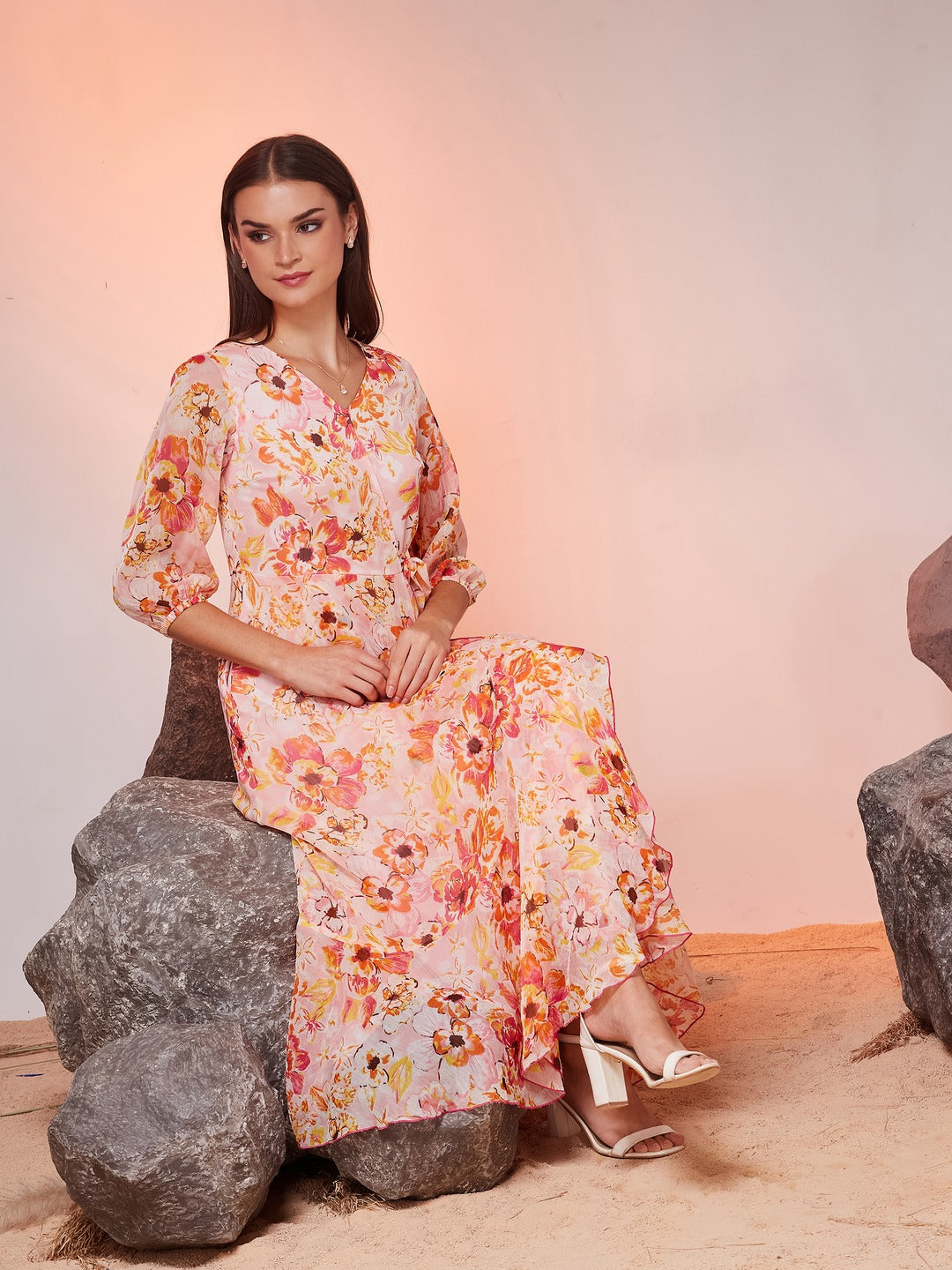 Pink & Orange V-Neck Bishop Floral Layered Chiffon Maxi Dress for Women