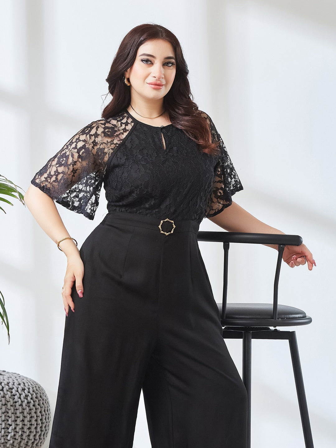 Black Round Neck Flared Sleeve Floral Raglan Regular Jumpsuit for Women