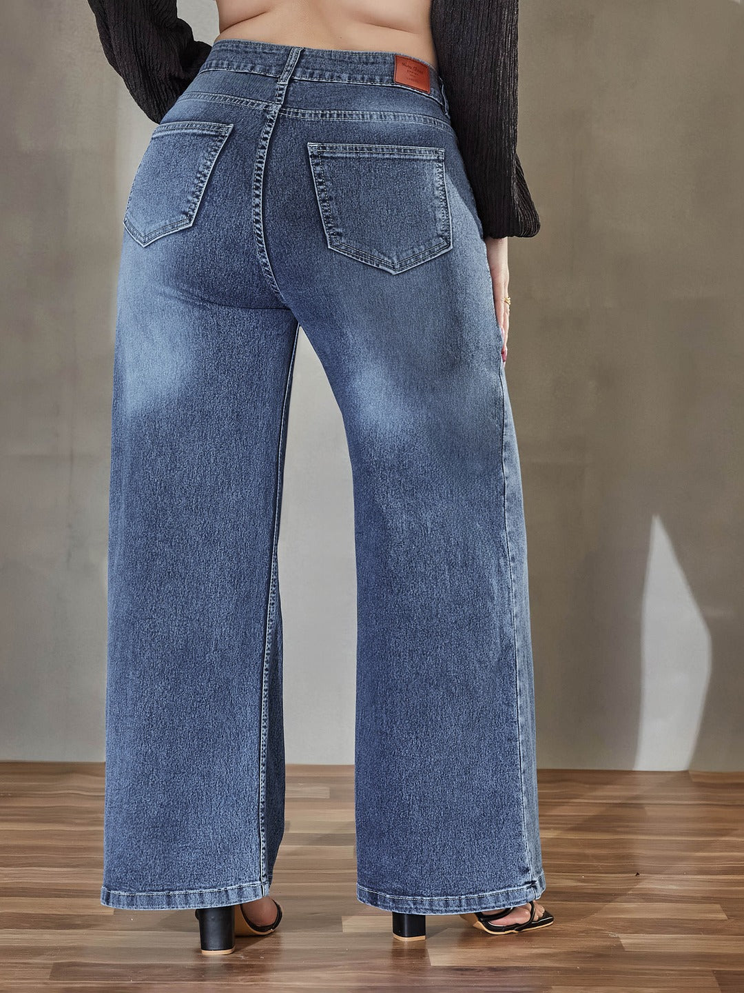 Light Blue Wide-Leg High Rise Regular Denim Pant for Women