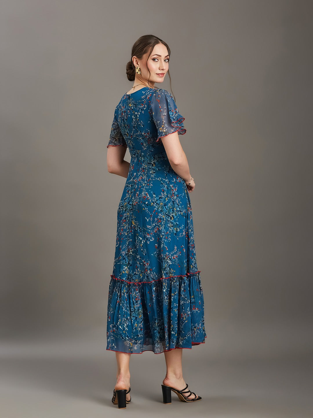 Multicolored Teal Floral V-Neck Flared Sleeve Wrap Chiffon Maxi Dress for Women