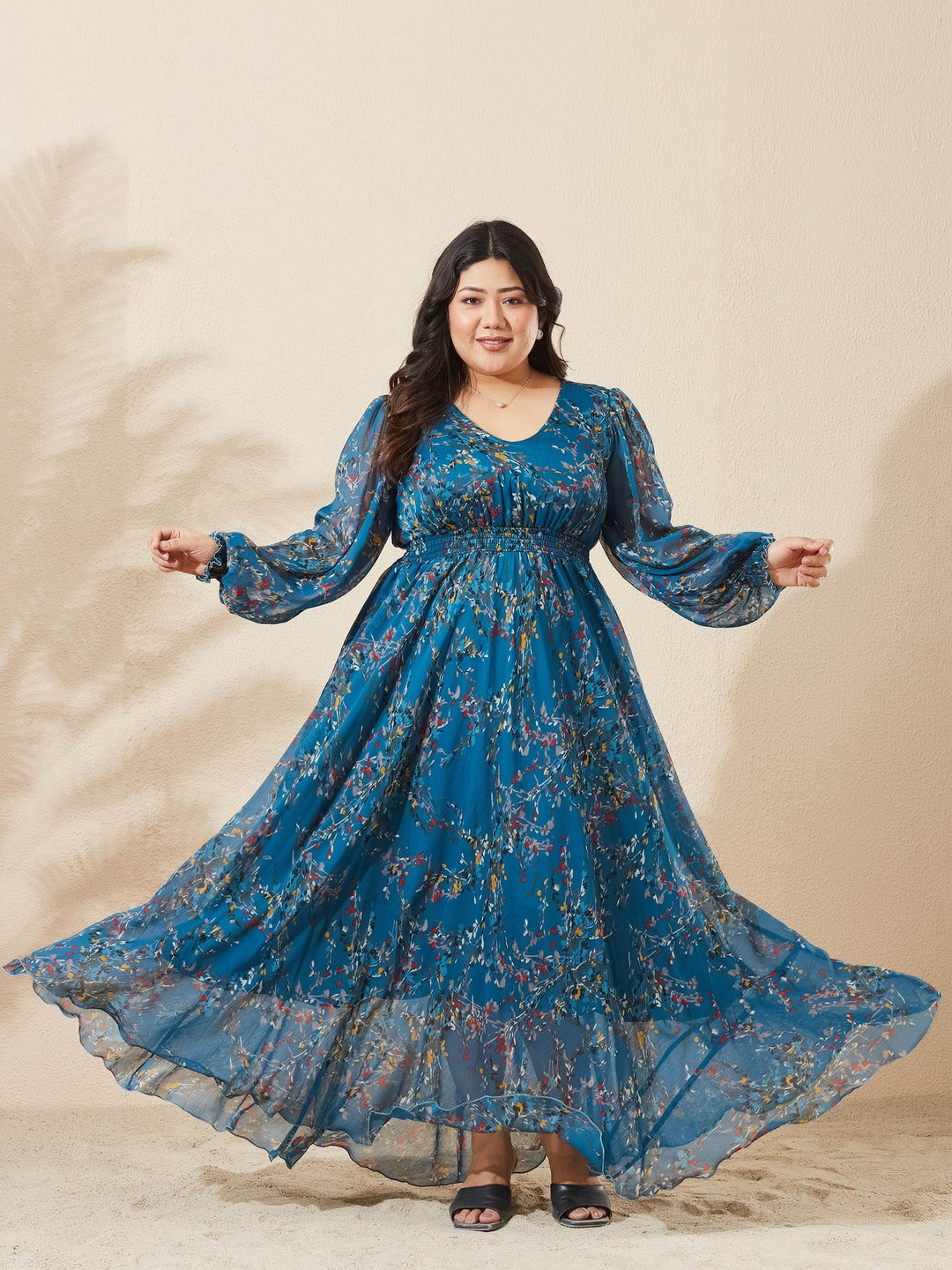 Teal V-Neck Smocked Bishop Sleeve Floral Gathered Chiffon Maxi Dress for Women