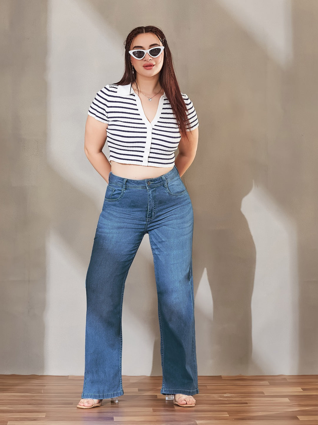 Dark Blue A-Line High-Rise Non-stretchable Denim Midi Skirt for Women