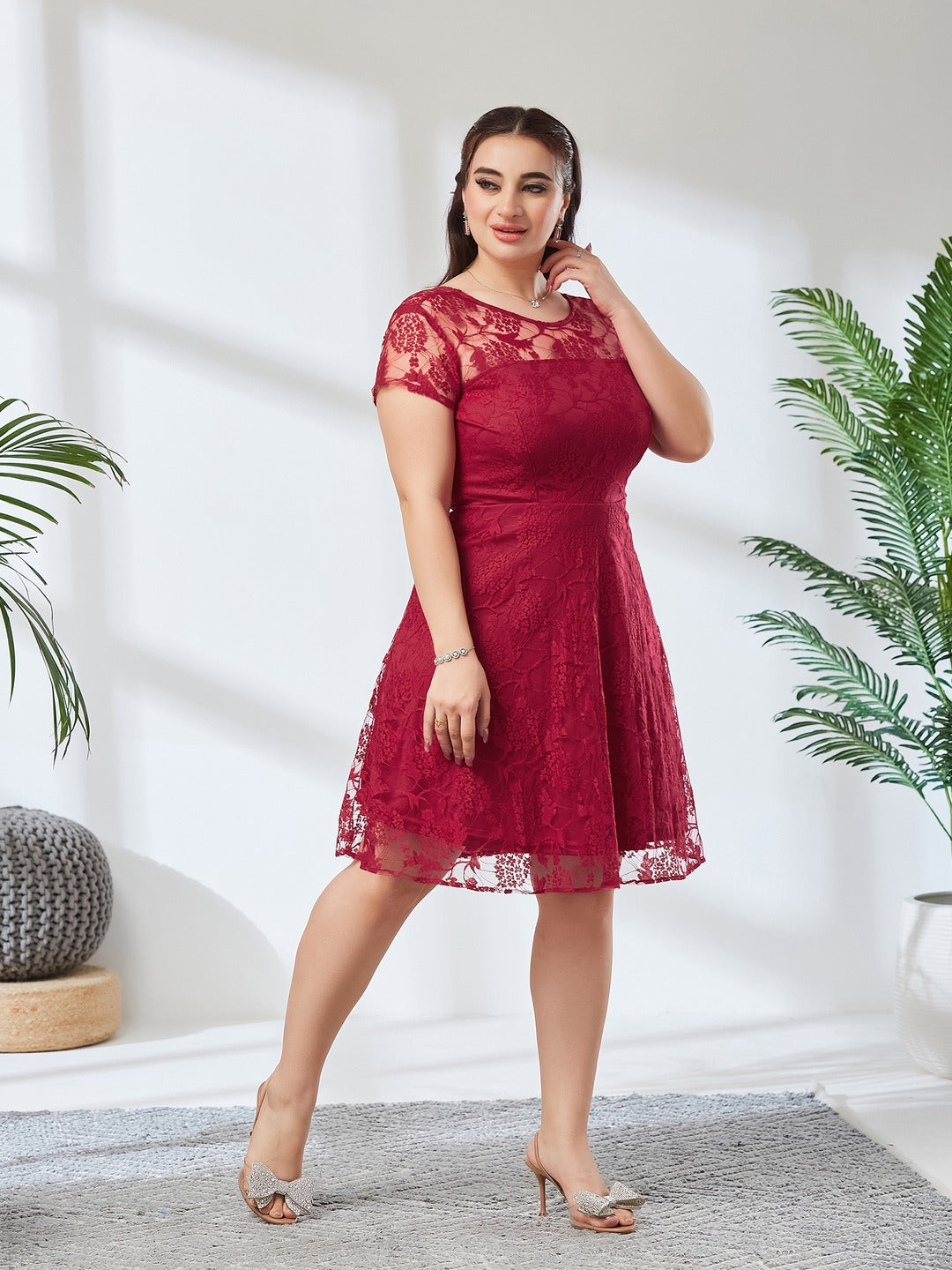 Dark Pink Round Neck Cap Sleeves Low Back Lace Skater Dress for Women