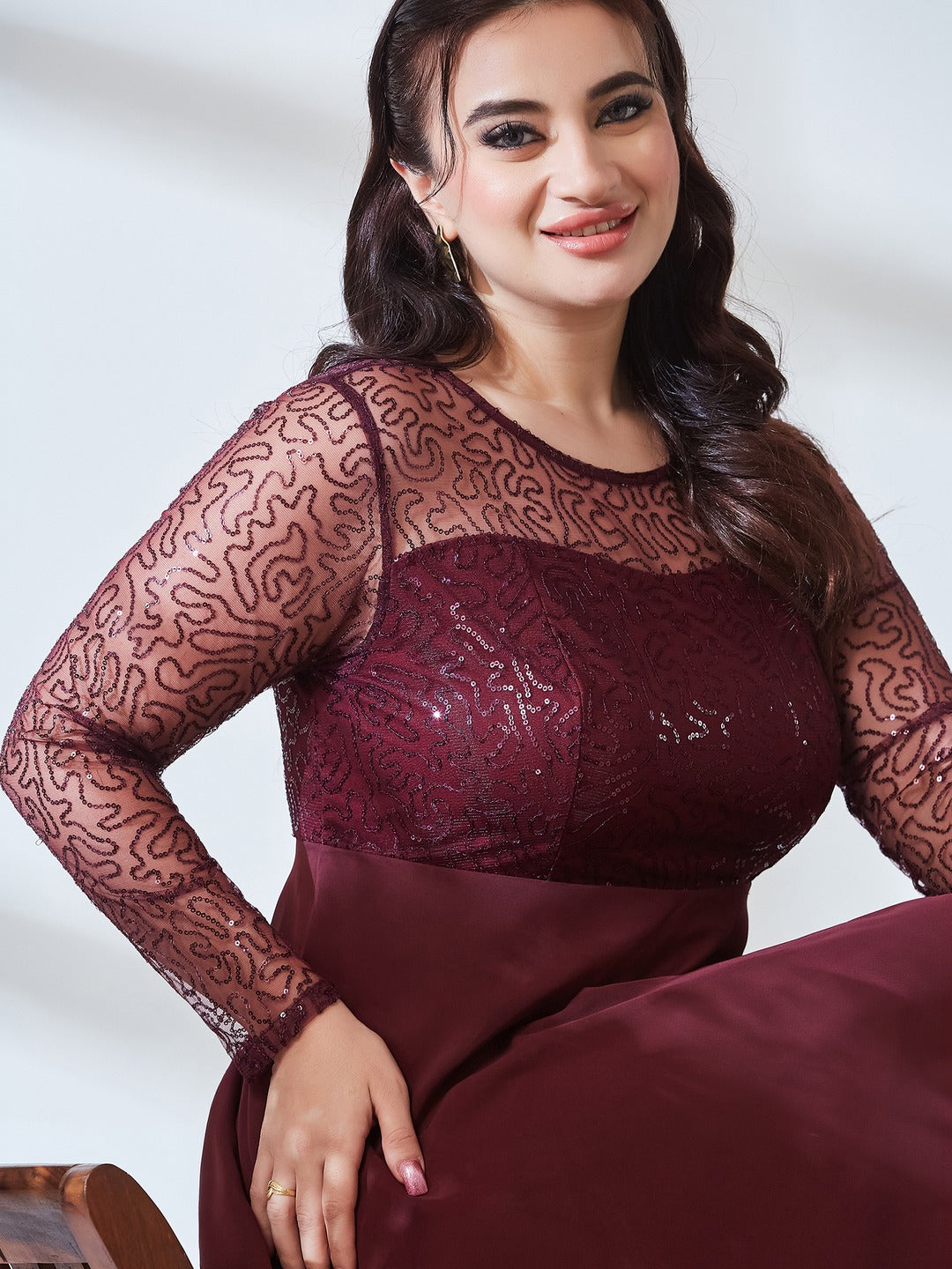 Wine Solid Embellished Maxi Dress for Women
