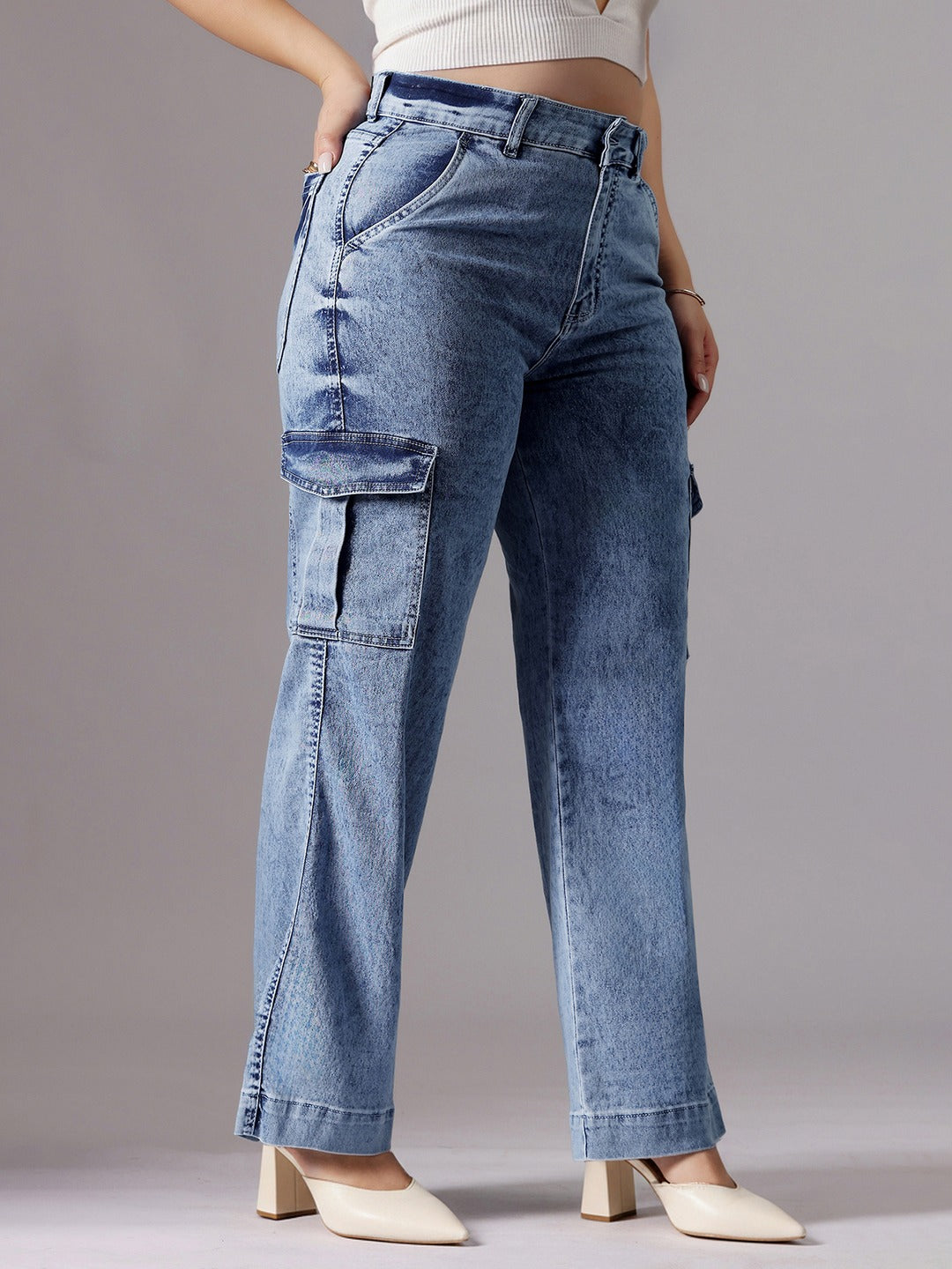 Light Blue Wide-Leg High-Rise Stretchable Flared Cargo Style Denim Jeans for Women