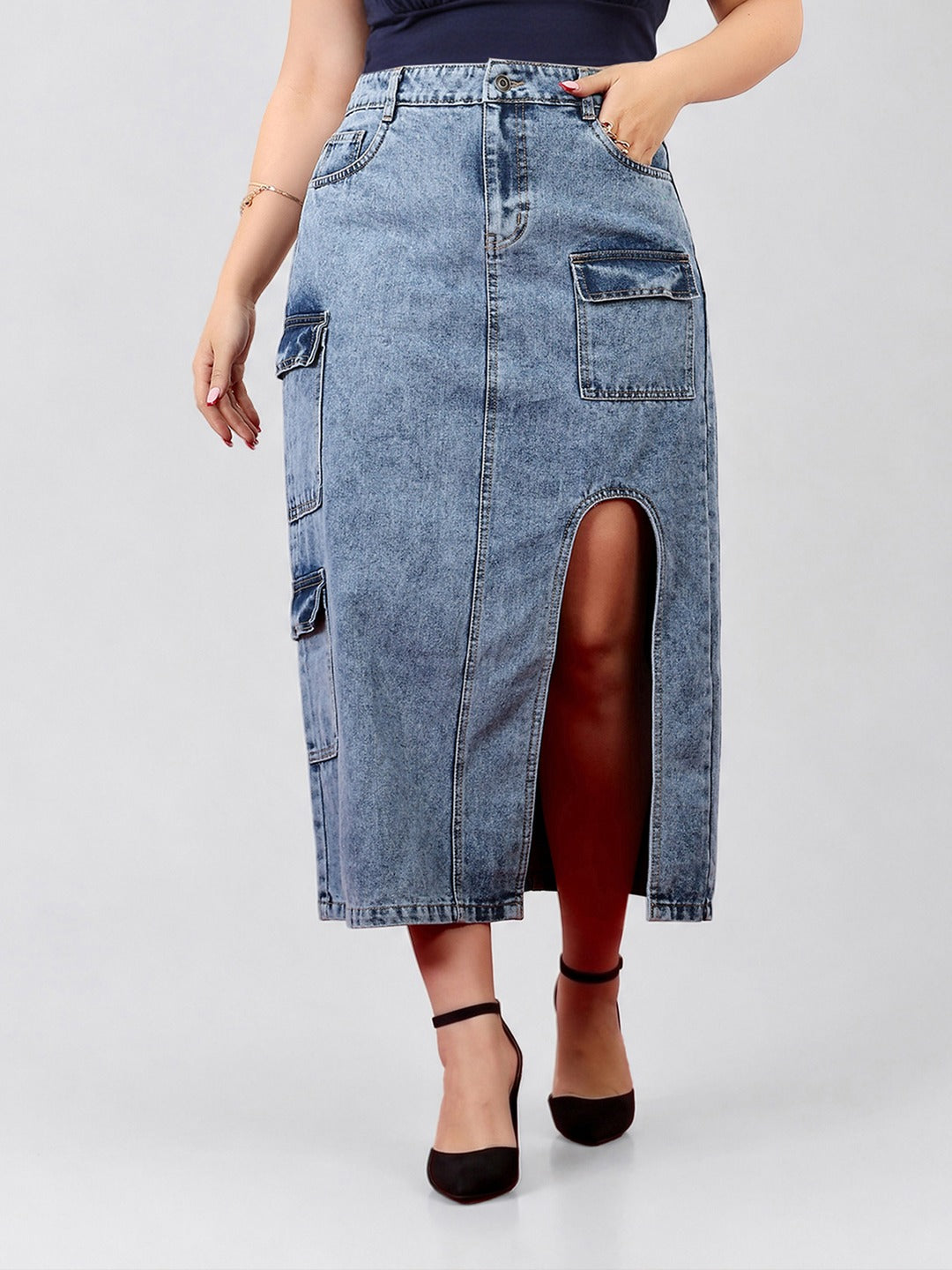 Blue Straight-Fit High-Rise Non-stretchable Denim Midi Skirt for Women