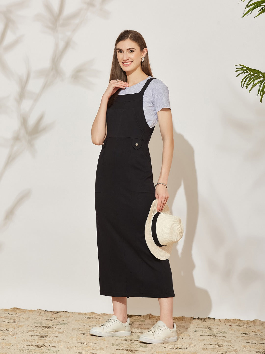 Black and Grey Solid Cotton Pinafore Maxi Co-ord Set with Utility Pockets for Women
