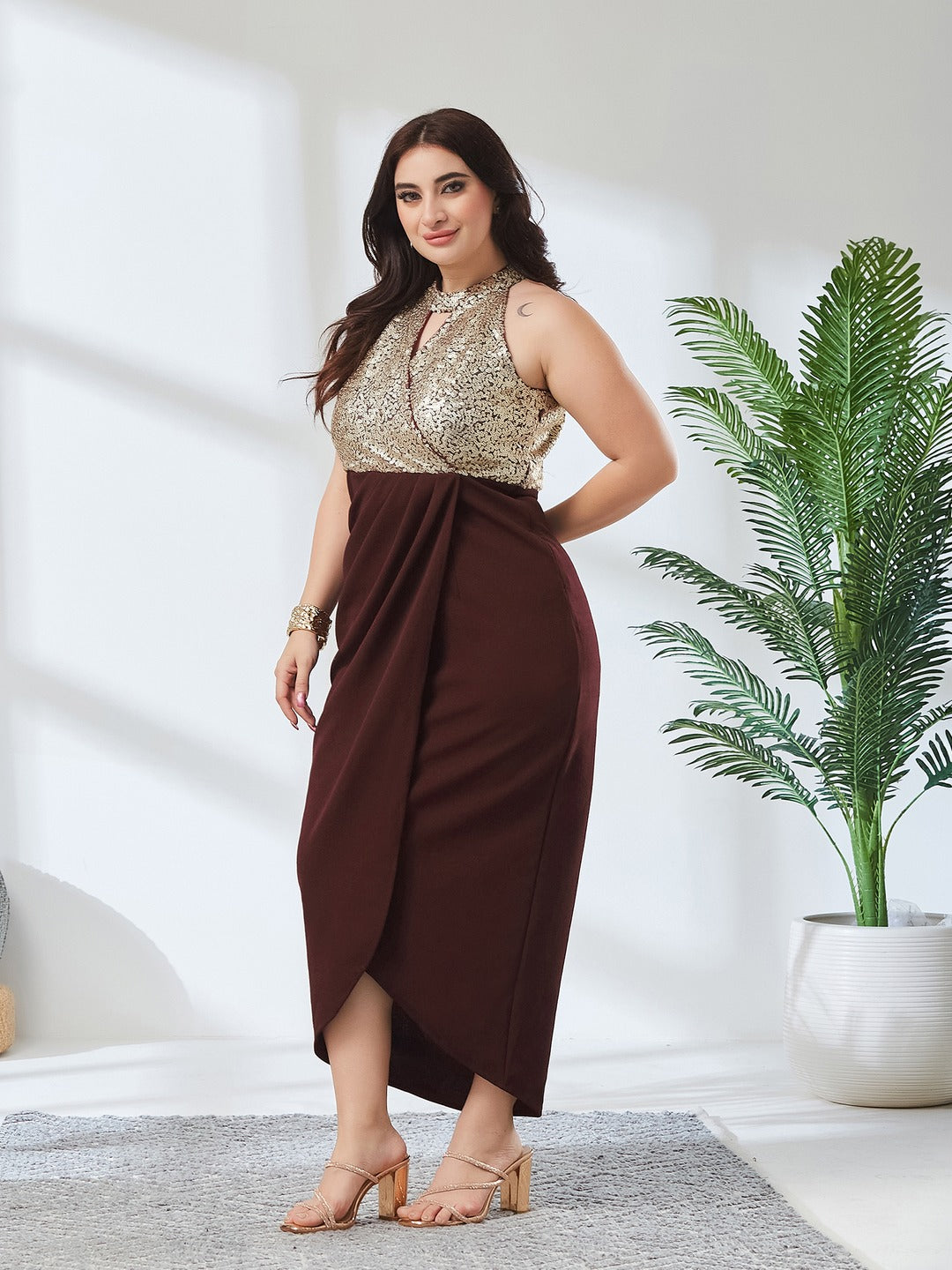 Wine Halter Neck Sleeveless Solid Embellished Midi Dress for Women