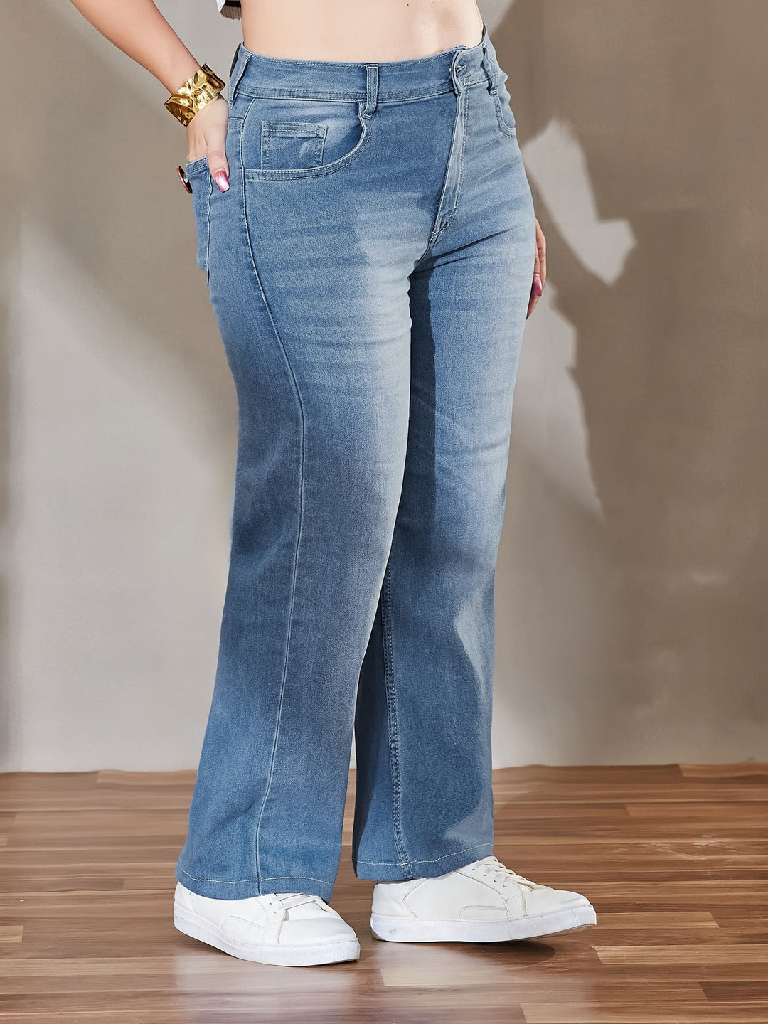 Blue Wide-Leg High-Rise Stretchable Denim Jeans for Women