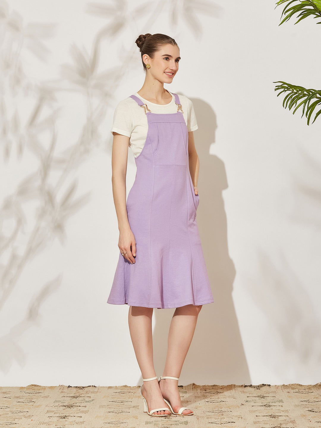 Lavender Round Neck Half Sleeve Solid Panneled/ Pinafore Knee-Long Polyester Dress Co-Ord Set for Women