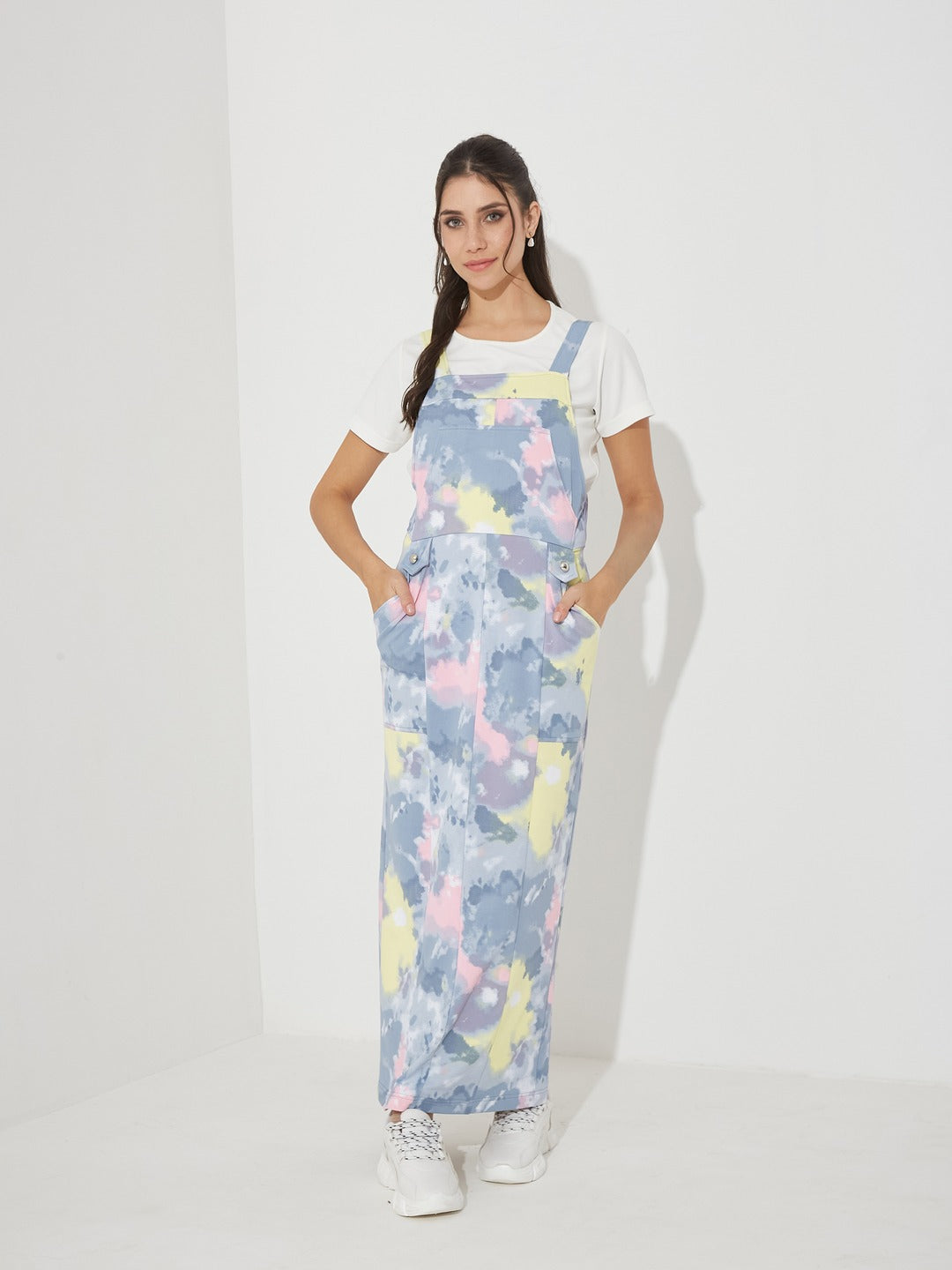 Grey Round Neck Half Sleeve Abstract Dungaree Maxi Polyester Dress Co-Ord Set for Women