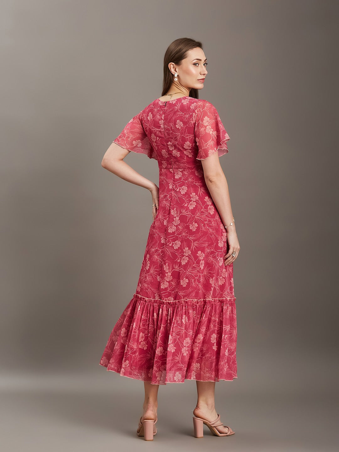 Pink Floral V-Neck Flared Sleeve Wrap Maxi Chiffon Dress for Women
