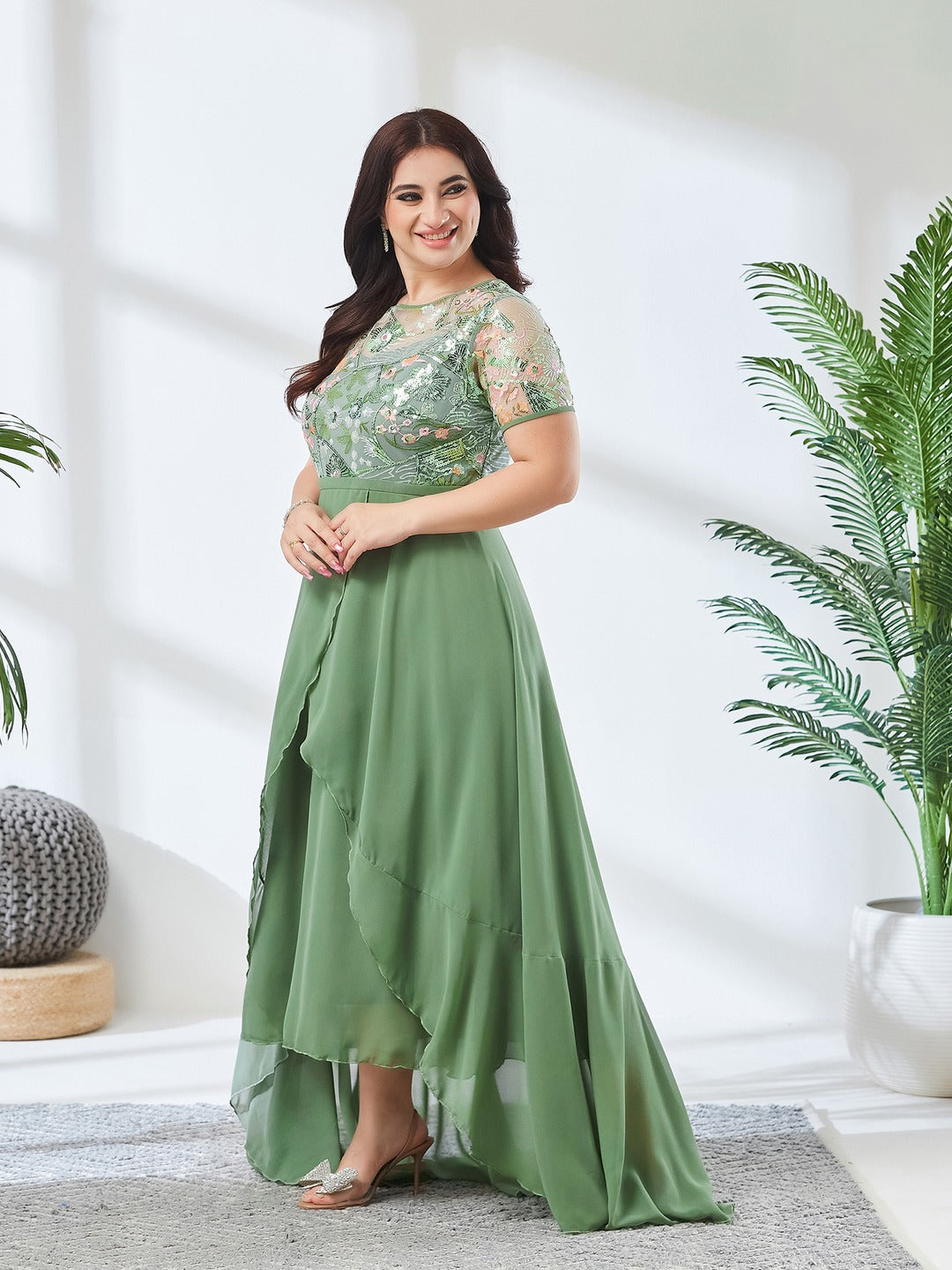 Light Green Embellished Layered Georgette Midi Dress for Women