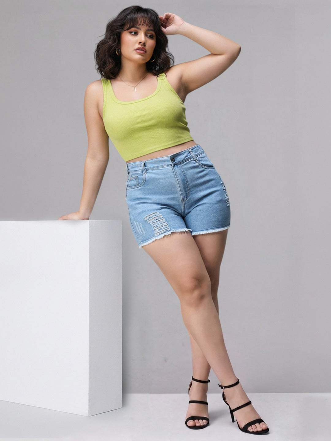 Blue Relaxed Mid Rise High Distress Regular Non Stretchable Denim Shorts for Women