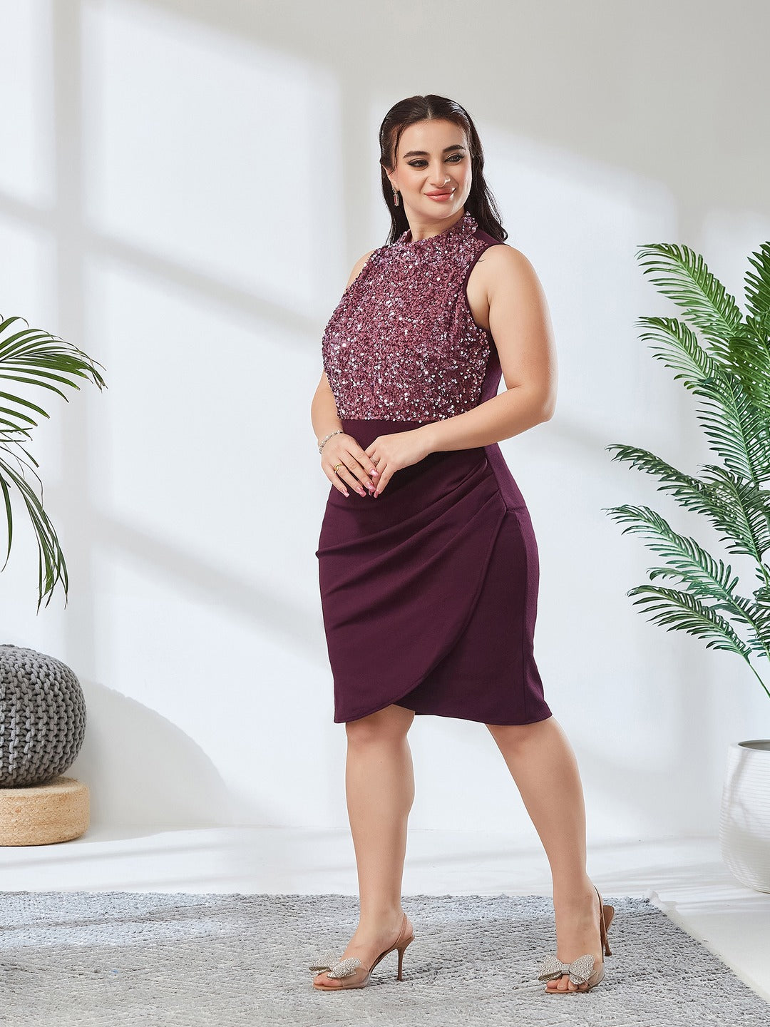 Dark Purple Halter Neck Sleeveless Embellished Pleated Above-Knee Dress for Women