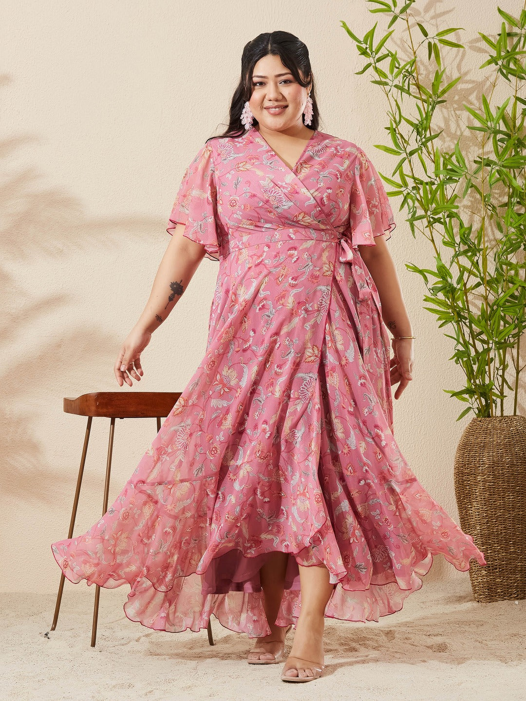 Desert Pink V-Neck Flared Floral Overlap Tie-Up Maxi Chiffon Dress for Women