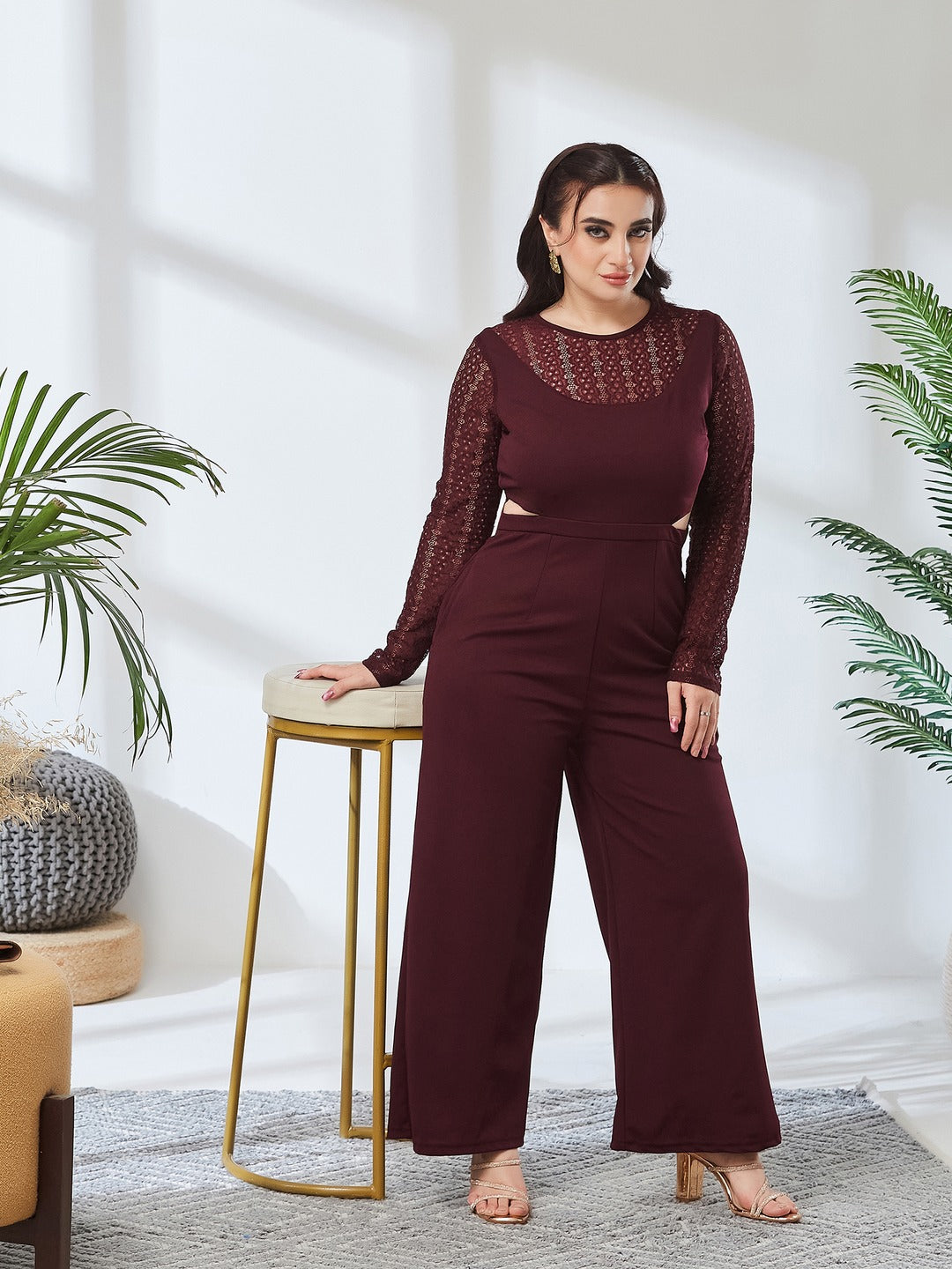 Wine Round Neck Full Sleeve Self Design Cut-out Regular-Length Polyester Jumpsuit for Women