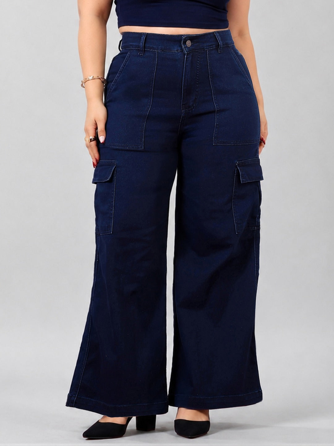 Navy Blue Wide-Leg High-Rise Stretchable Denim Cargo Jeans for Women