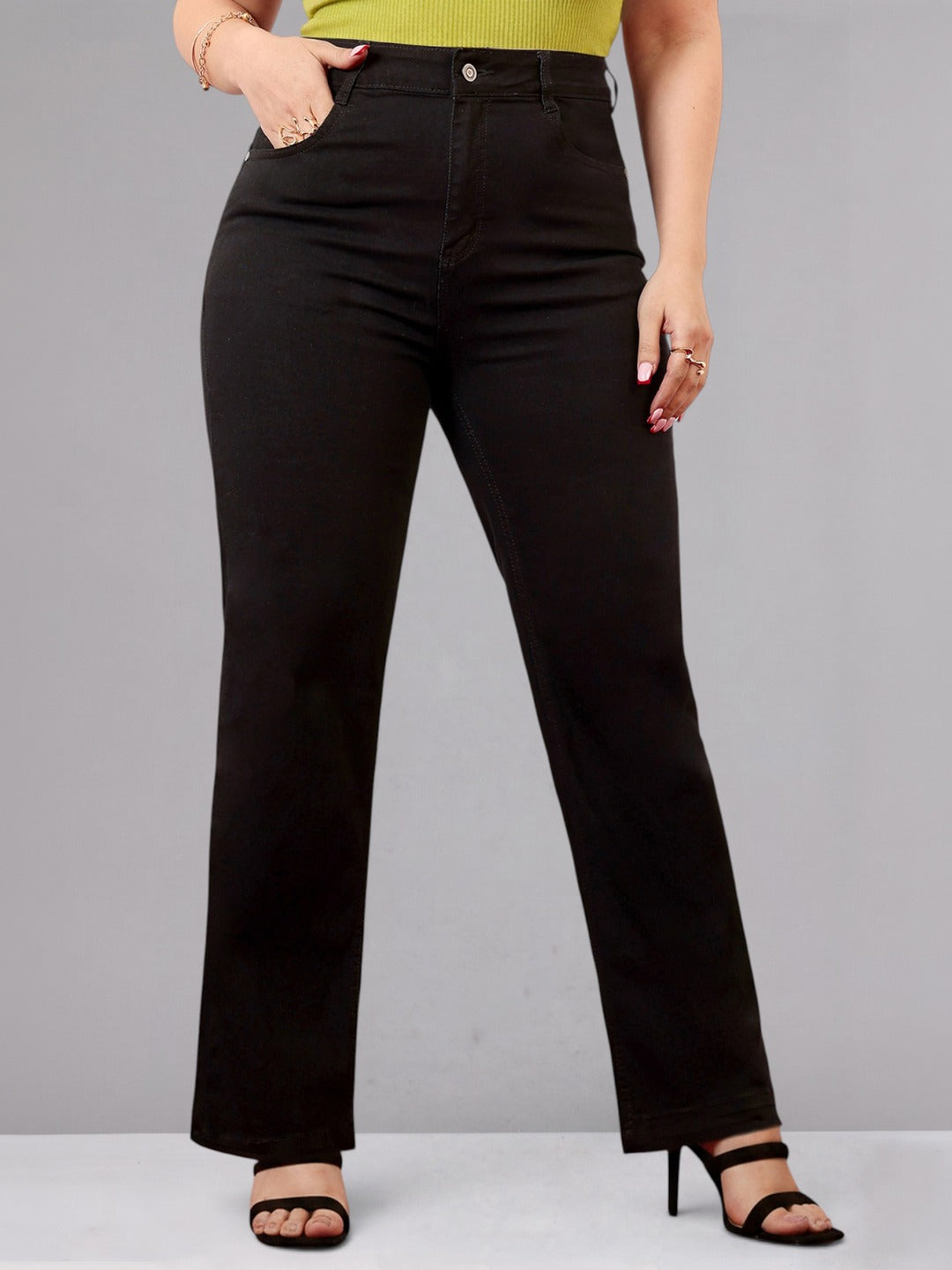 Black Straight High-Rise Stretchable Denim Jeans for Women