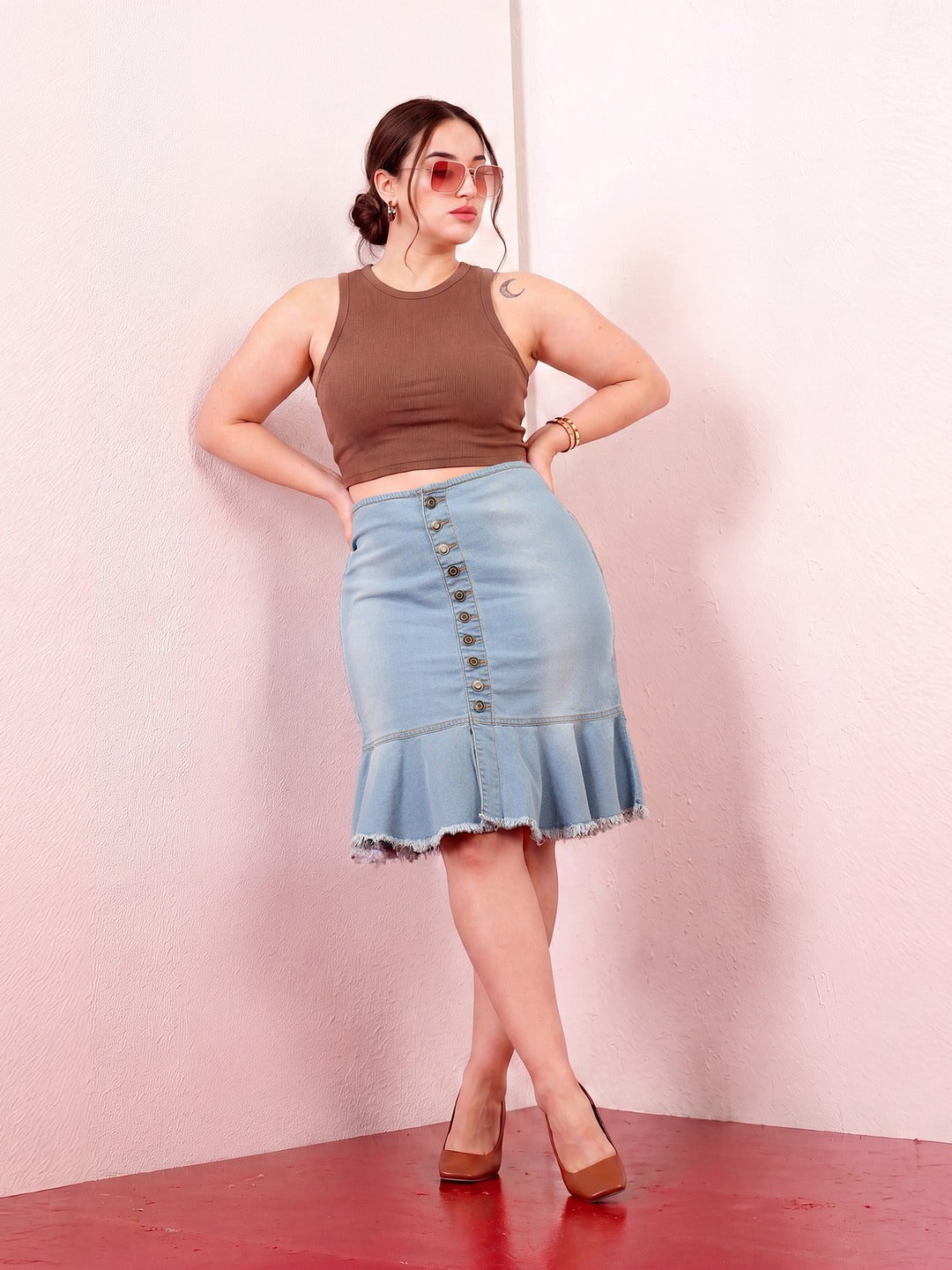 Blue Regular Fit Mid Rise Midi Light Weight Denim Skirt for Women