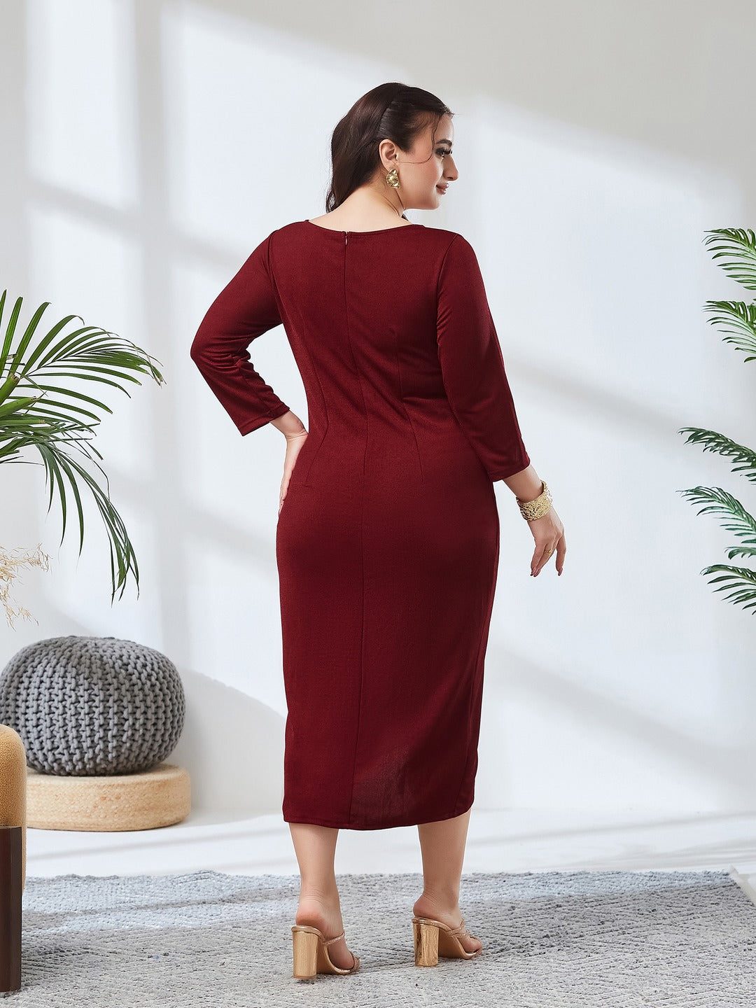 Maroon & Golden Embellished Sheath Midi Dress for Women