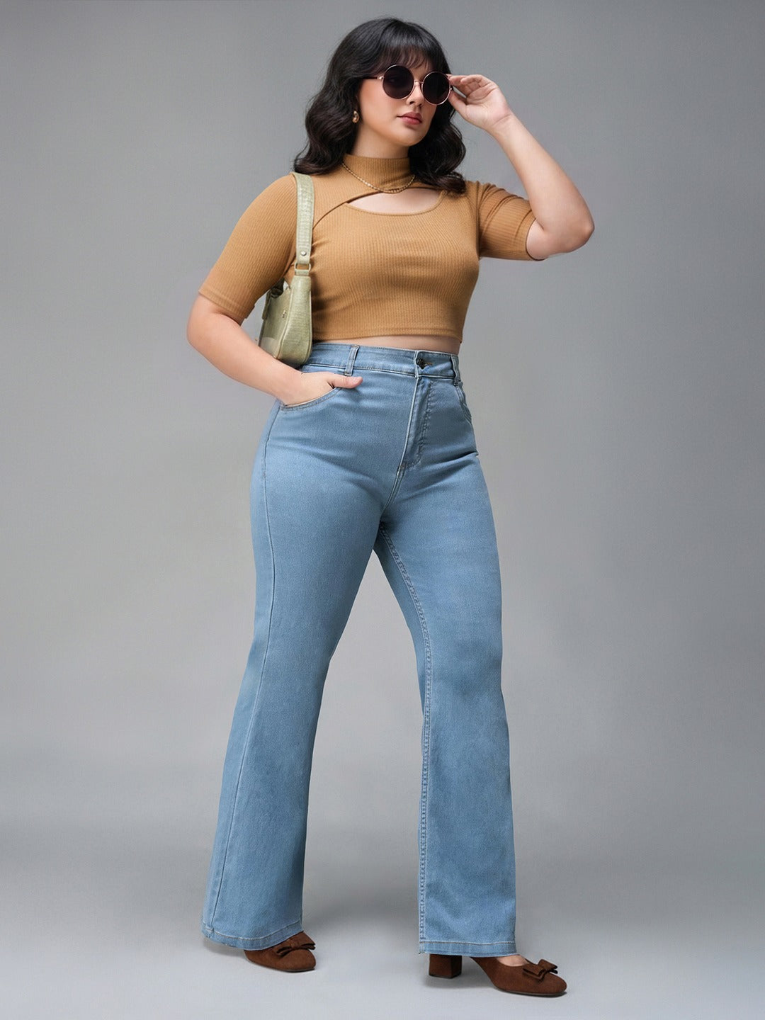 Light Blue Bootcut High rise Regular Stretchable Denim Jeans for Women