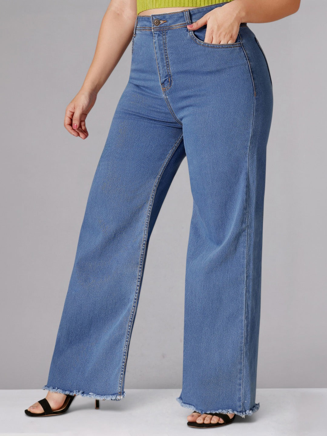 Mid Blue Wide-Leg High-Rise Stretchable Denim Jeans for Women