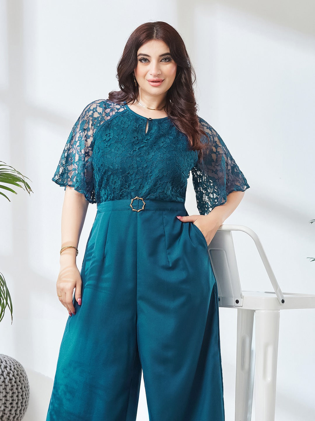 Teal Round Neck Flared Sleeve Floral Raglan Regular Jumpsuit for Women
