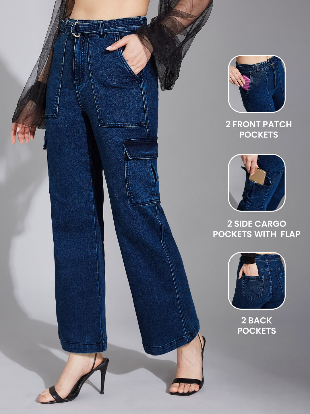 Blue Wide-Leg High-Rise Stretchable Corgo Denim Jeans for Women
