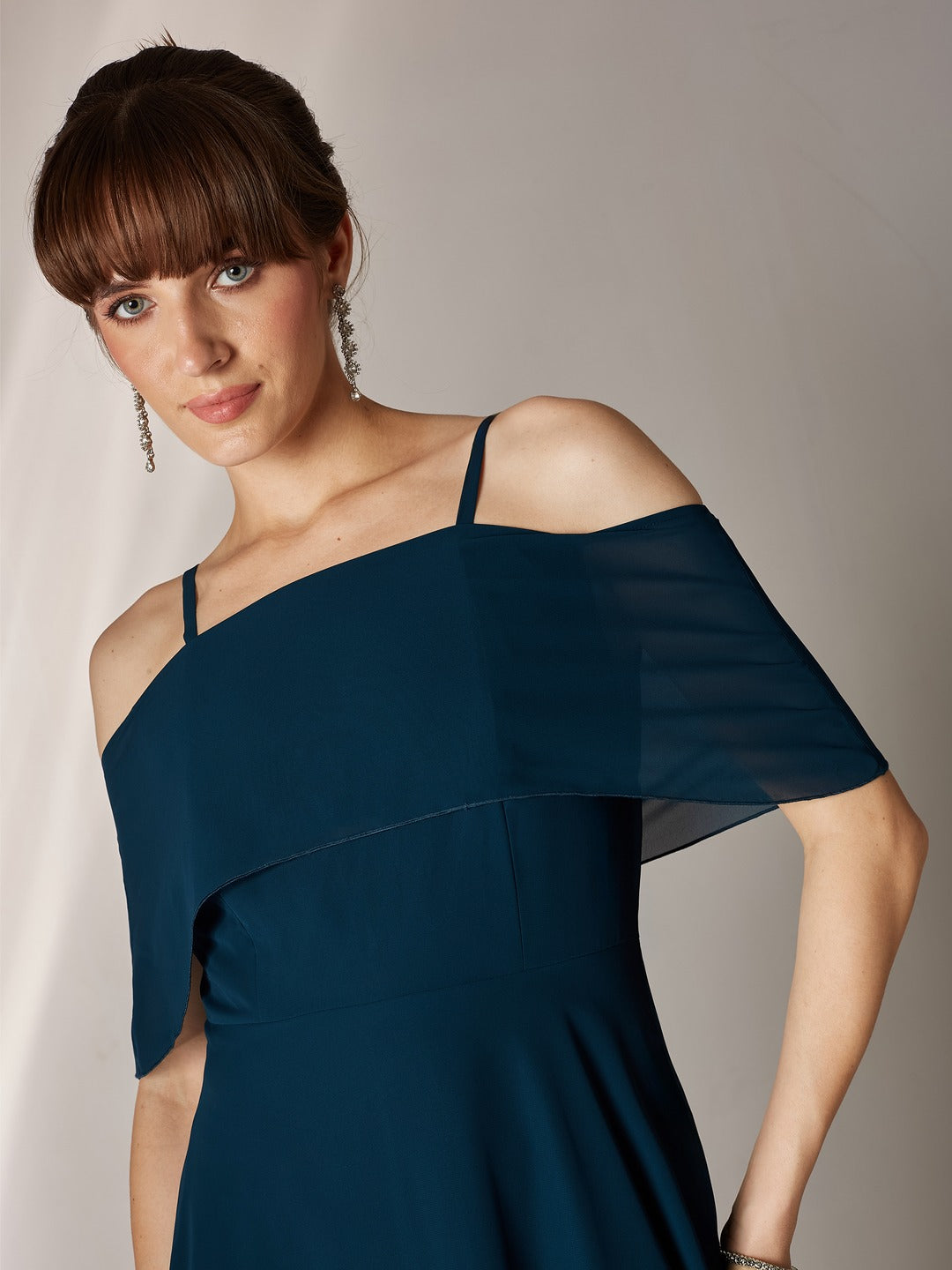 Teal Bardot Style Sleeveless Spaghetti Strap Solid Off Shoulder Midi Skater Dress for Women