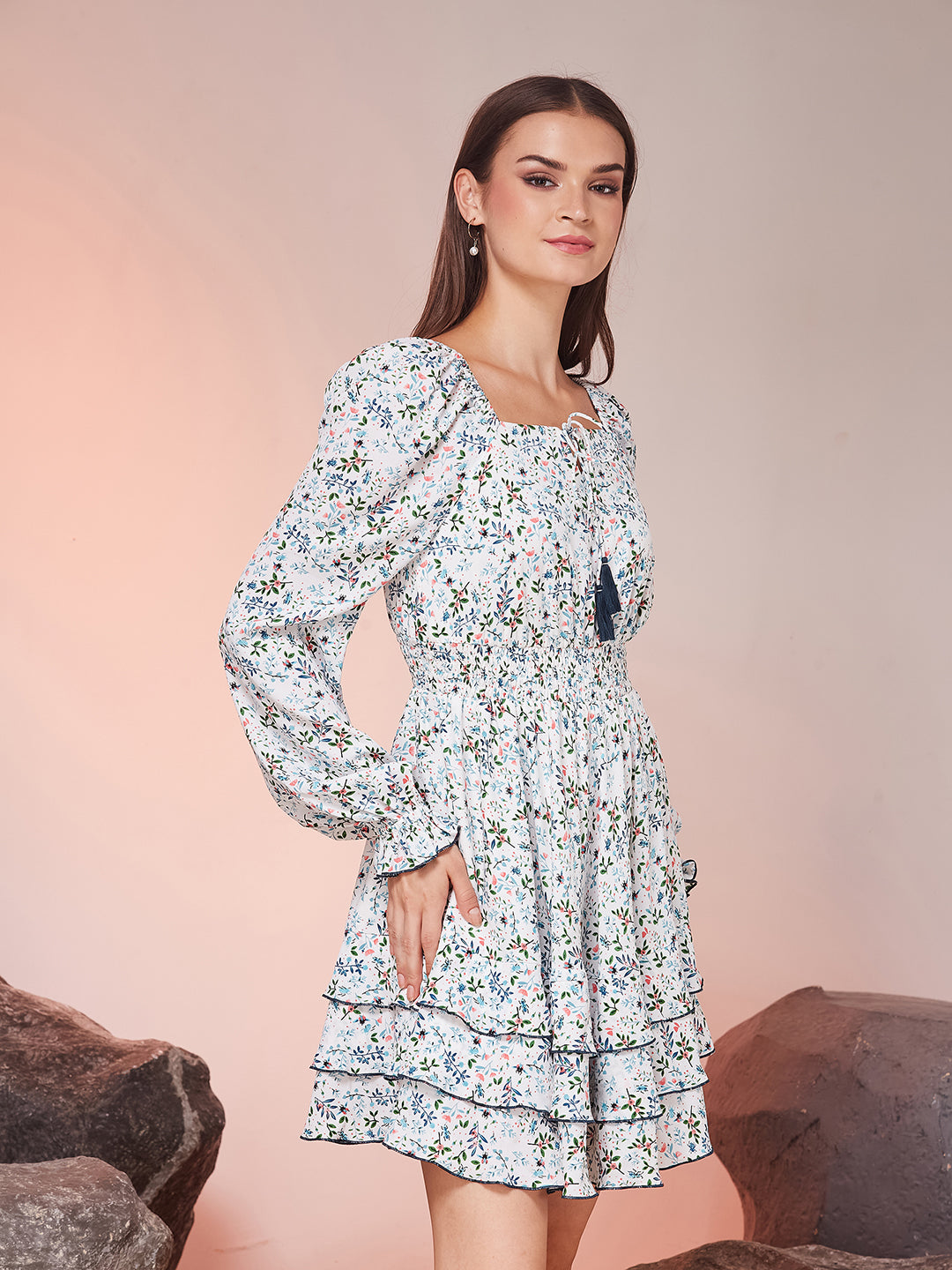 Off White Tie-Up Bishop Floral Layered Knee-Long Crepe Dress for Women