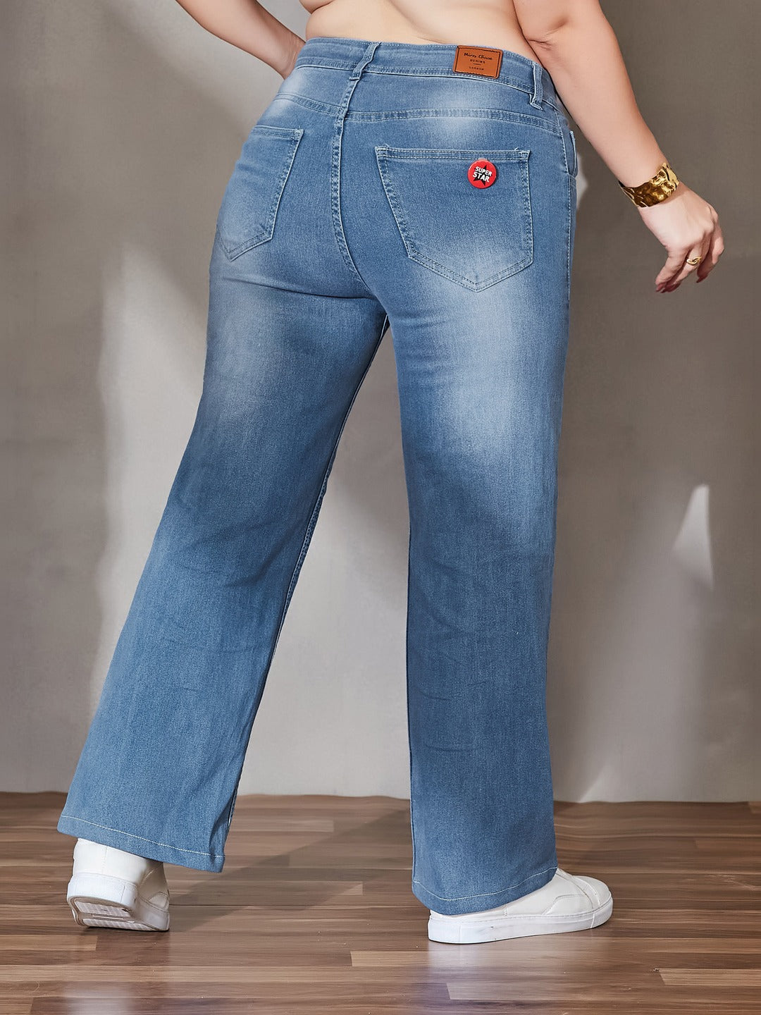 Blue Wide-Leg High-Rise Stretchable Denim Jeans for Women