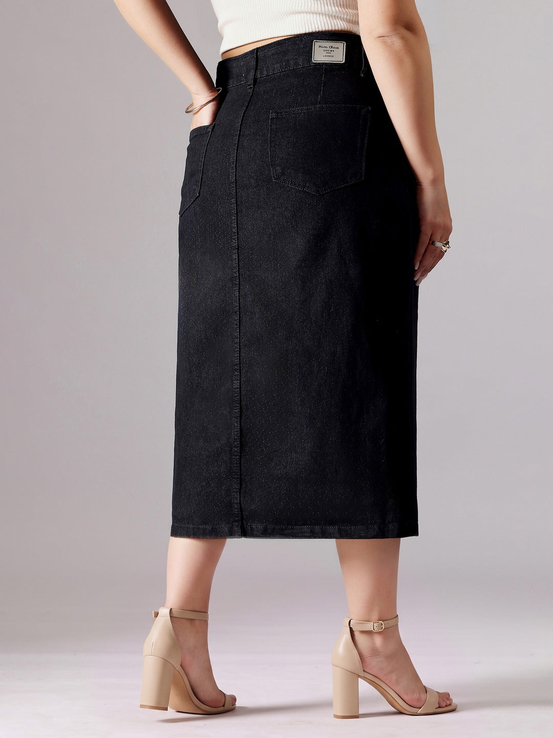 Black Straight-Fit High-Rise Stretchable Denim Midi Skirt for Women