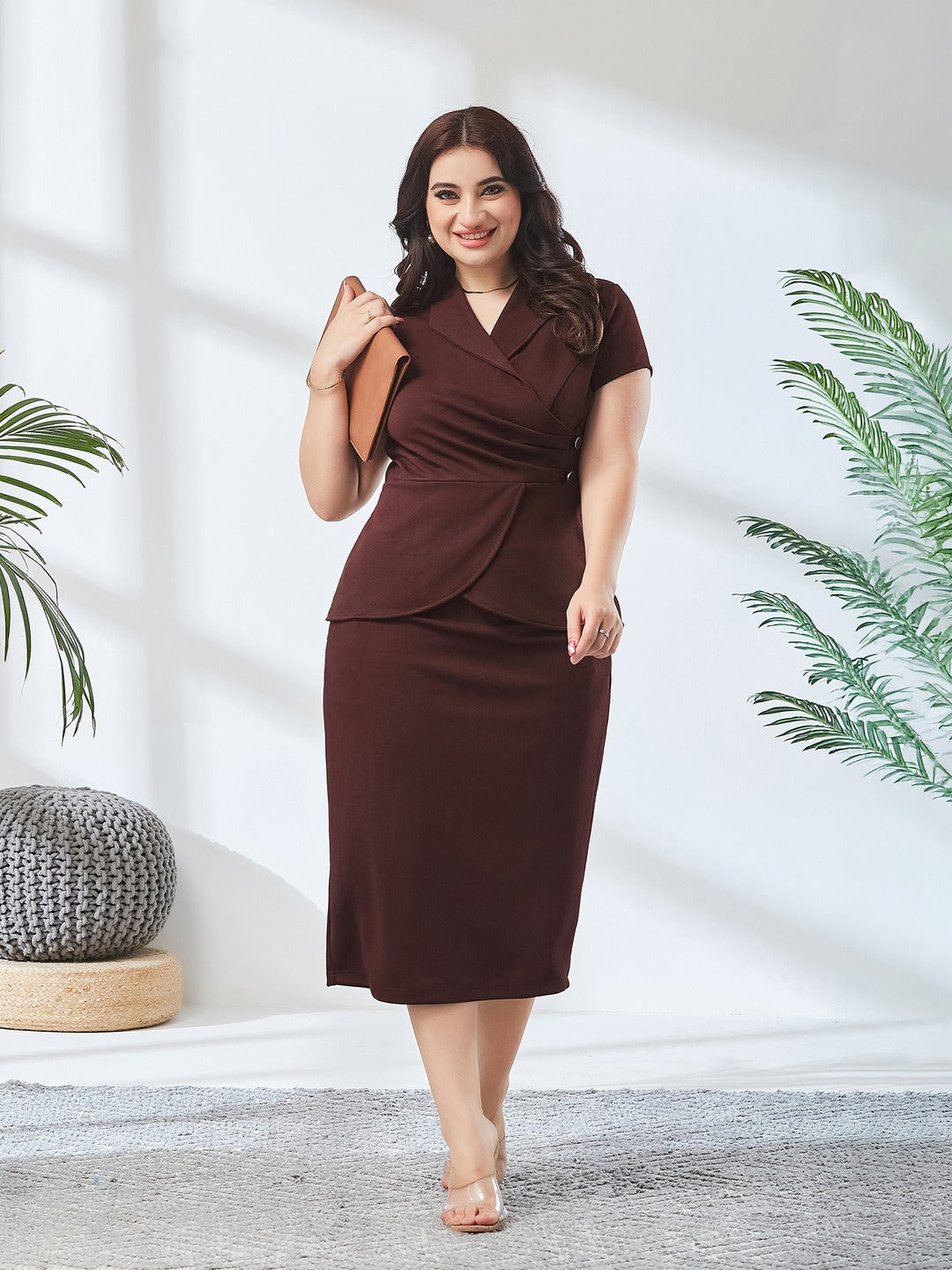 Wine Collared Short-Sleeve Solid Pleated Knee-Long Co-Ord Set for Women