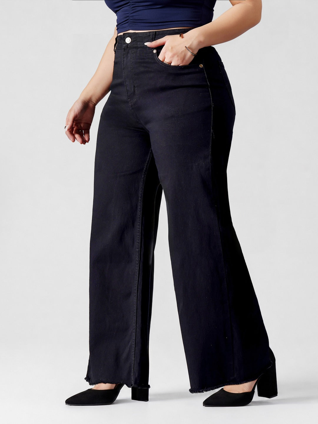 Black High Rise Stretchable Wide Leg Denim Jeans for Women