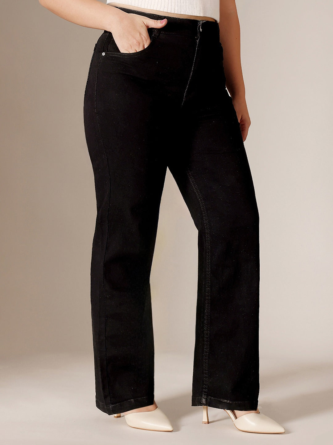 Black Straight High Rise Stretchable Denim Jeans for Women