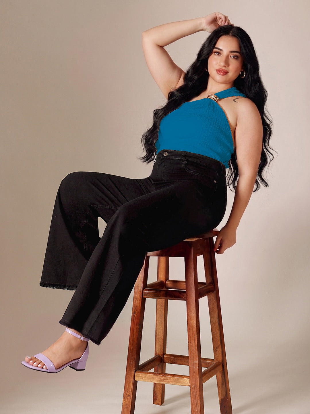 Black High Rise Stretchable Wide Leg Denim Jeans for Women