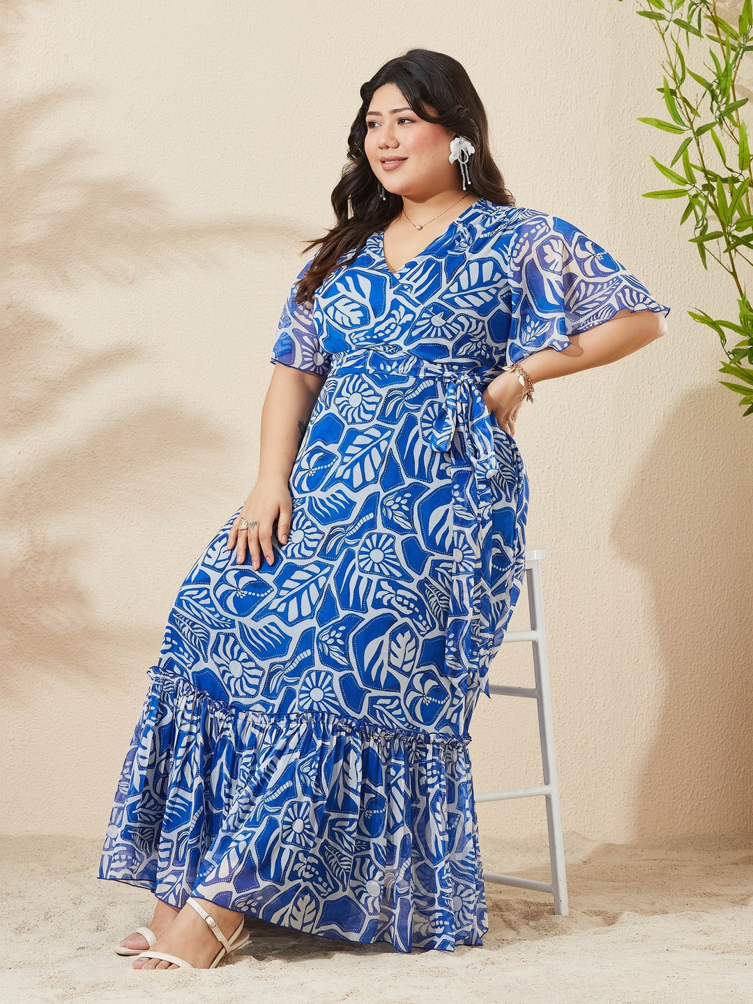 White & Blue Floral V-Neck Flutter Sleeve Wrap Maxi Chiffon Dress for Women