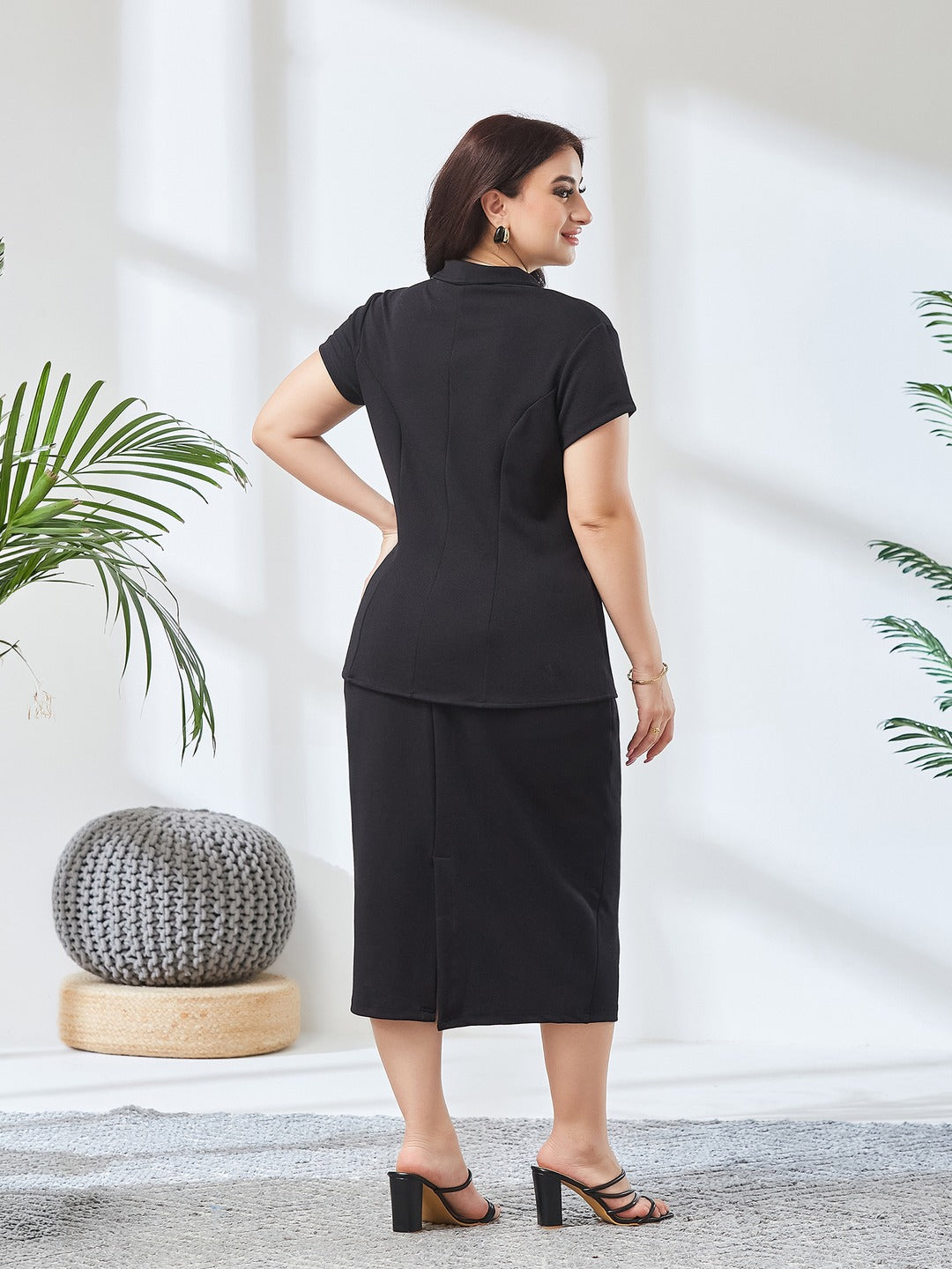 Black Collared Short Sleeve Solid Pleated Knee-Long Co-Ord Set for Women